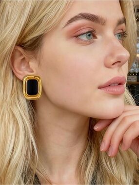 Oversized Gold Black Enamel Statement Earrings Geometric Vintage Style
